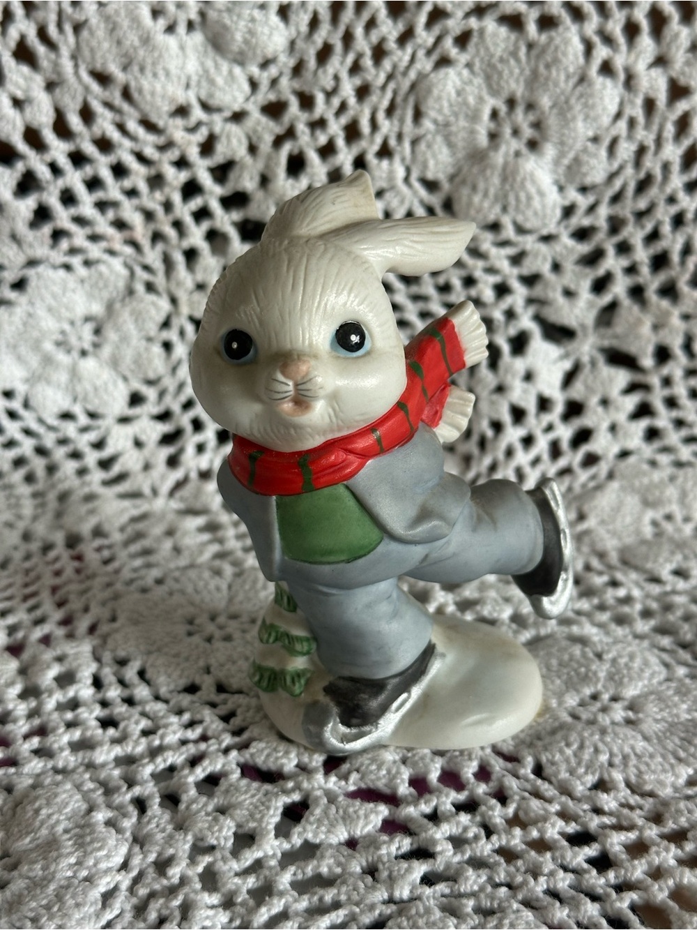 Homco White Bunny Ice Skater with Red Scarf and Green Sweater #5305